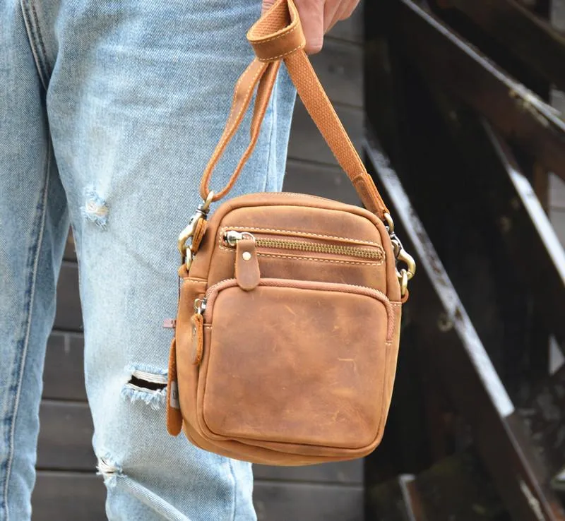 Vintage Brown Leather Men's Waist Belt Pouches Cell Phone Holsters Mini Side Bag For Men