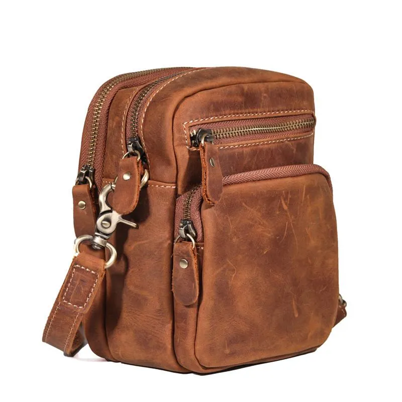 Vintage Brown Leather Men's Waist Belt Pouches Cell Phone Holsters Mini Side Bag For Men