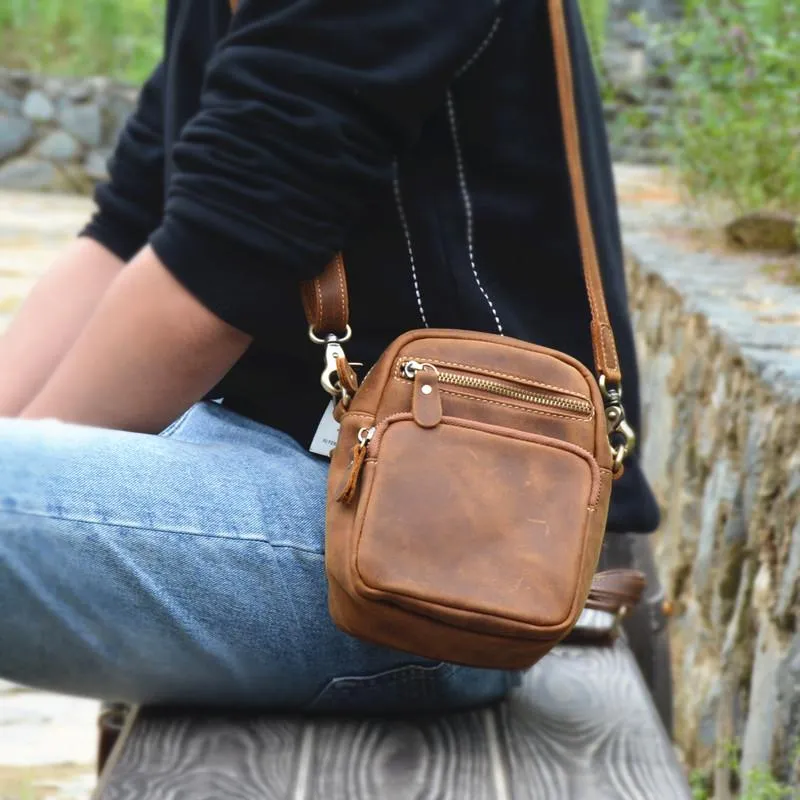 Vintage Brown Leather Men's Waist Belt Pouches Cell Phone Holsters Mini Side Bag For Men