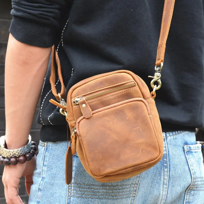 Vintage Brown Leather Men's Waist Belt Pouches Cell Phone Holsters Mini Side Bag For Men