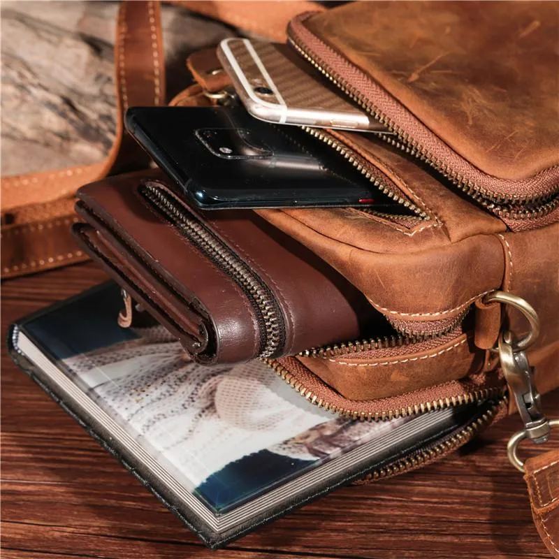 Vintage Brown Leather Men's Waist Belt Pouches Cell Phone Holsters Mini Side Bag For Men
