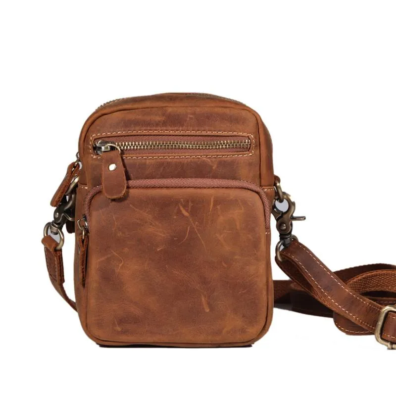Vintage Brown Leather Men's Waist Belt Pouches Cell Phone Holsters Mini Side Bag For Men