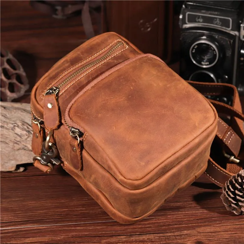 Vintage Brown Leather Men's Waist Belt Pouches Cell Phone Holsters Mini Side Bag For Men