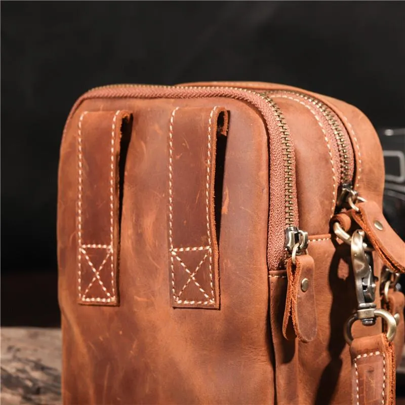 Vintage Brown Leather Men's Waist Belt Pouches Cell Phone Holsters Mini Side Bag For Men