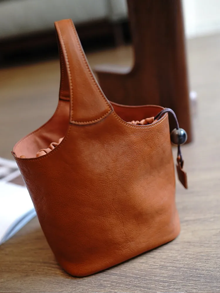 Vintage Brown Leather Small Bucket Handbag Women Handmade Small Barrel Bag for Women