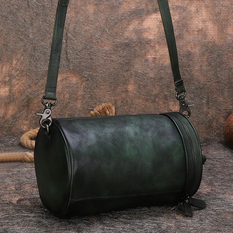 Vintage Brown Leather Womens Barrel Shoulder Bag Bucket Crossbody Purse for Women