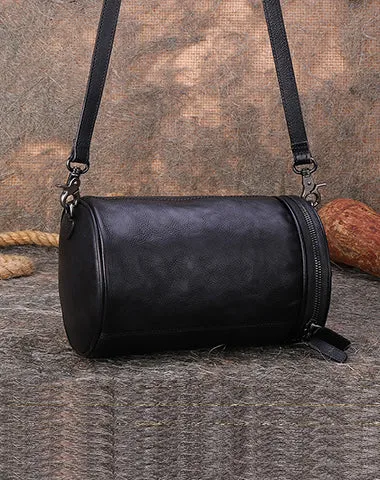 Vintage Brown Leather Womens Barrel Shoulder Bag Bucket Crossbody Purse for Women