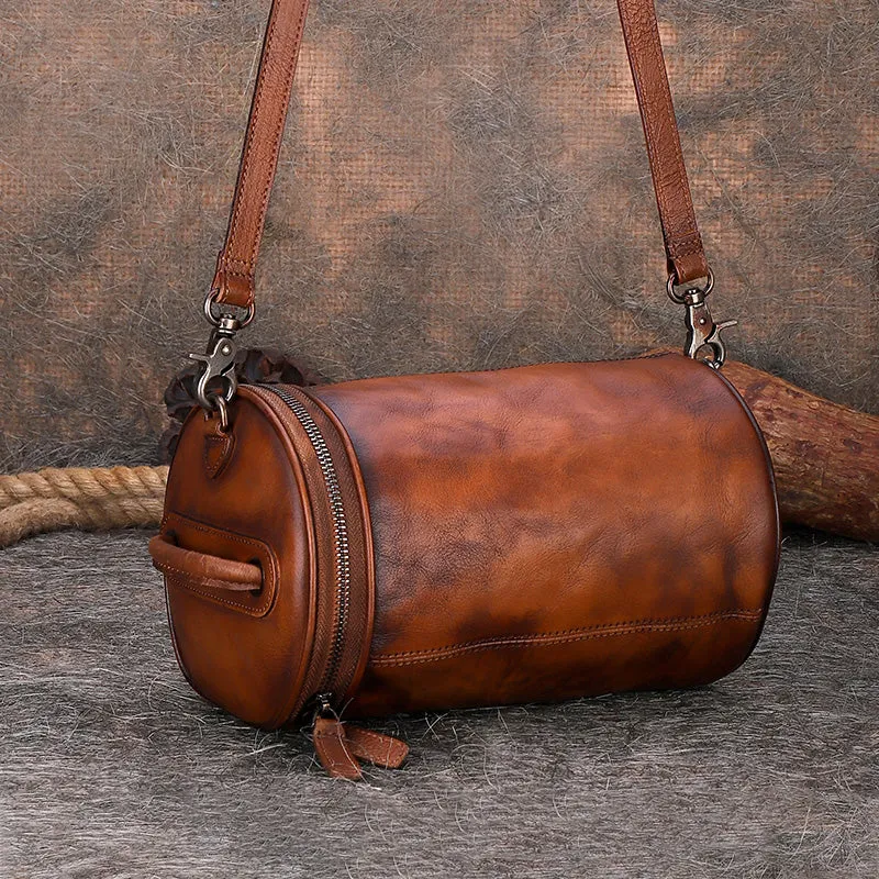 Vintage Brown Leather Womens Barrel Shoulder Bag Bucket Crossbody Purse for Women