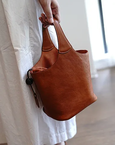 Vintage Coffee Leather Small Bucket Handbag Women Handmade Small Barrel Bag for Women