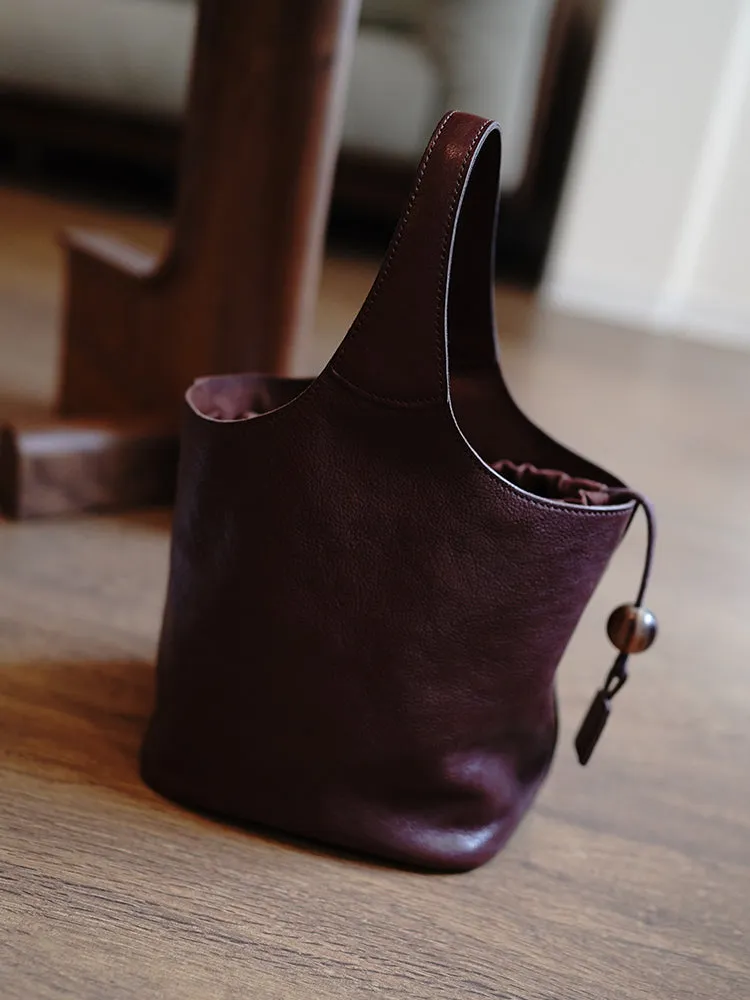 Vintage Coffee Leather Small Bucket Handbag Women Handmade Small Barrel Bag for Women