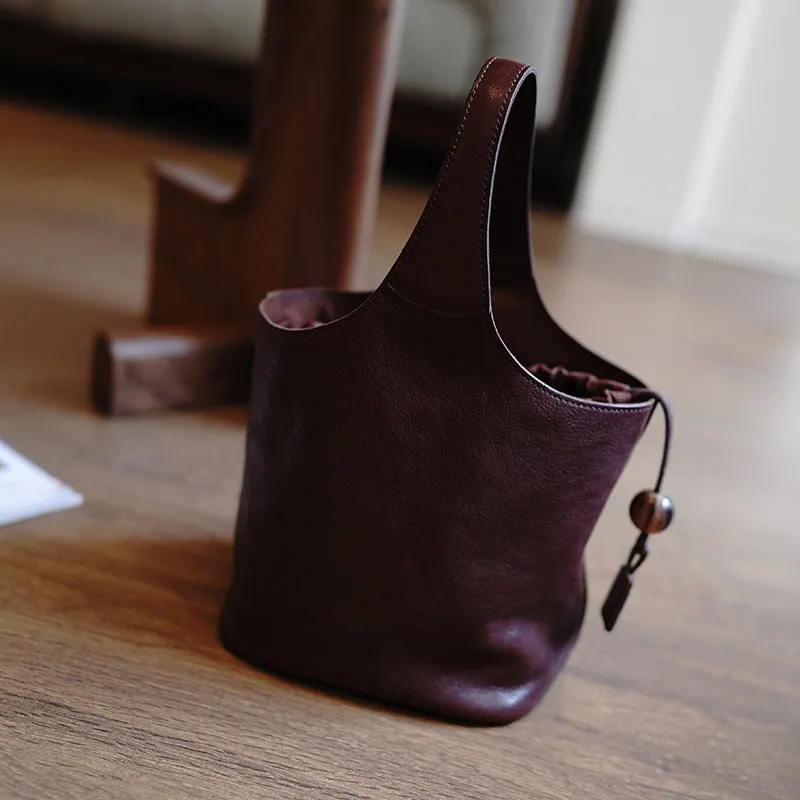 Vintage Coffee Leather Small Bucket Handbag Women Handmade Small Barrel Bag for Women