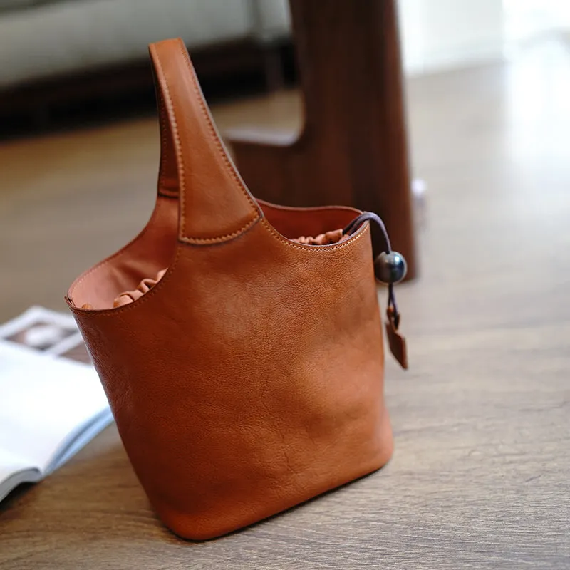 Vintage Coffee Leather Small Bucket Handbag Women Handmade Small Barrel Bag for Women