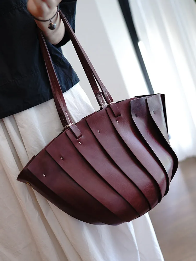 Vintage Coffee Leather Splicing Bucket Handbag Tote Women Handmade Shoulder Tote Bag for Women