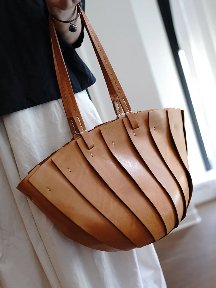 Vintage Coffee Leather Splicing Bucket Handbag Tote Women Handmade Shoulder Tote Bag for Women