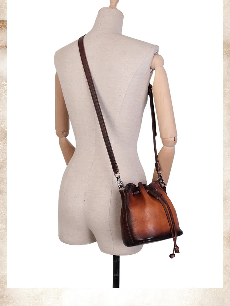Vintage Green Leather Womens Bucket Shoulder Bags Bucket Crossbody Purse for Women