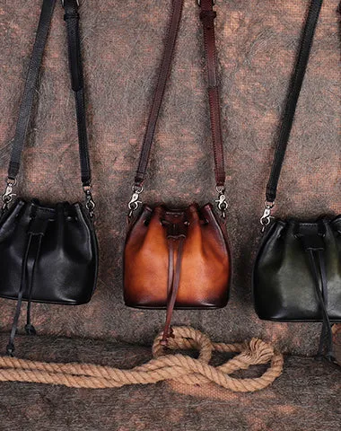 Vintage Green Leather Womens Bucket Shoulder Bags Bucket Crossbody Purse for Women
