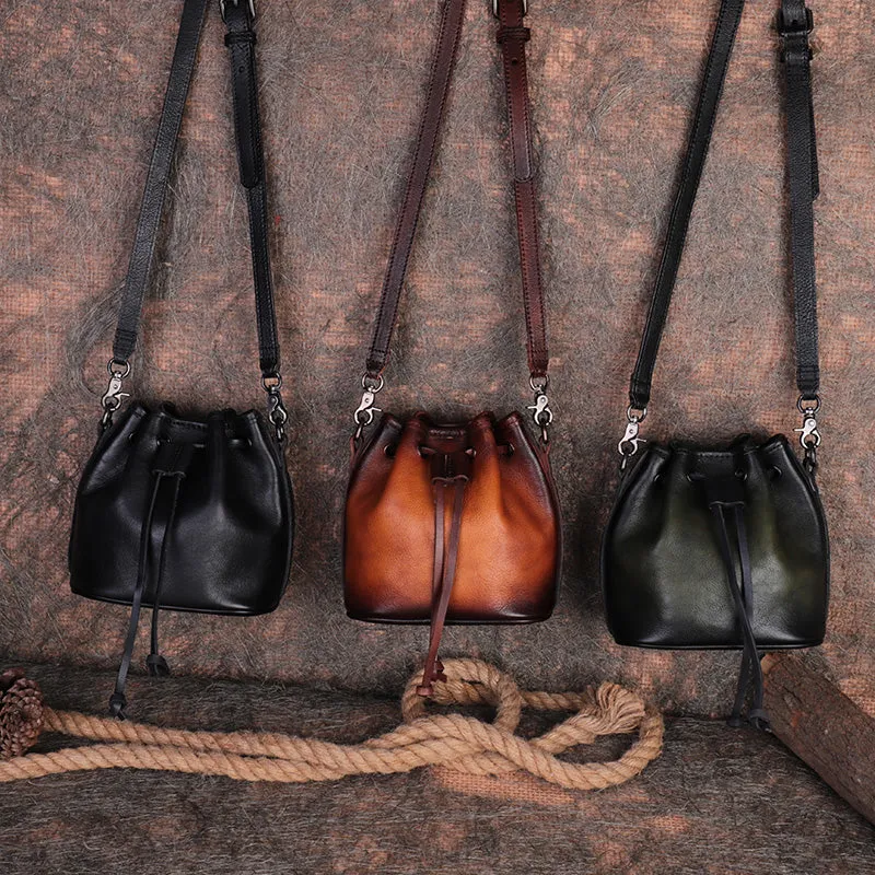Vintage Green Leather Womens Bucket Shoulder Bags Bucket Crossbody Purse for Women
