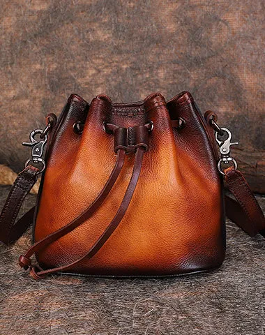 Vintage Green Leather Womens Bucket Shoulder Bags Bucket Crossbody Purse for Women