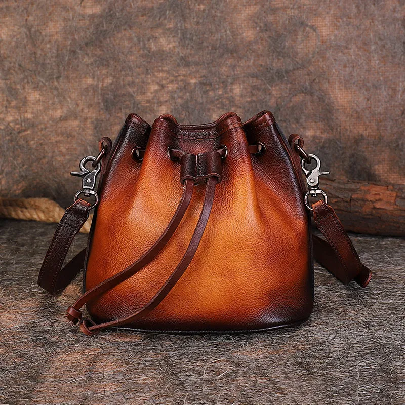 Vintage Green Leather Womens Bucket Shoulder Bags Bucket Crossbody Purse for Women