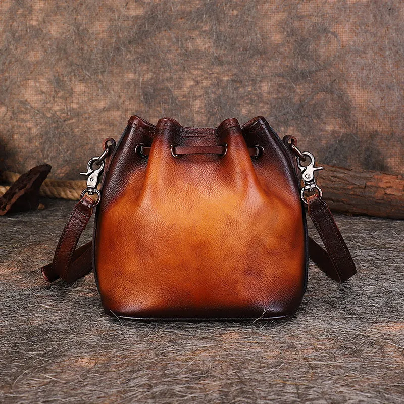 Vintage Green Leather Womens Bucket Shoulder Bags Bucket Crossbody Purse for Women