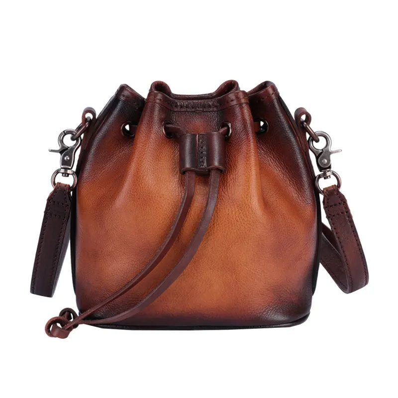 Vintage Green Leather Womens Bucket Shoulder Bags Bucket Crossbody Purse for Women