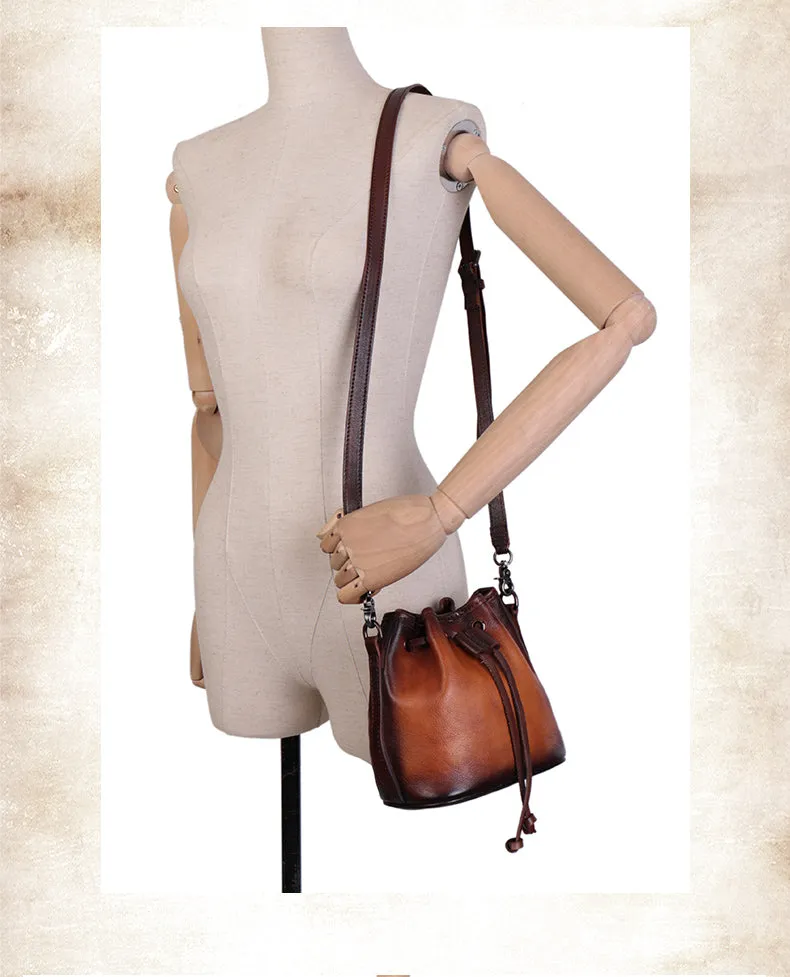 Vintage Green Leather Womens Bucket Shoulder Bags Bucket Crossbody Purse for Women