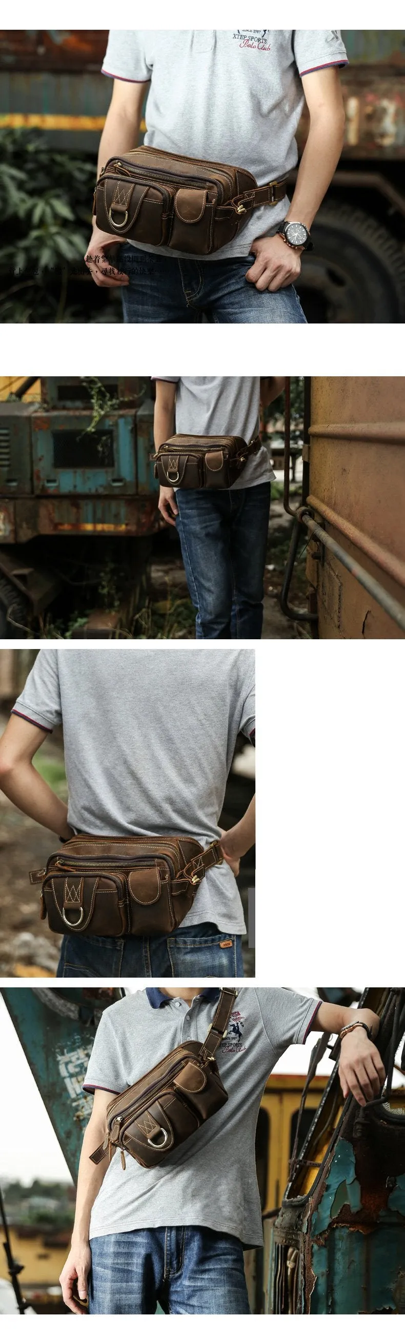 Vintage Large Brown Leather Men's Fanny Pack Brown Waist Bag Hip Pack For Men