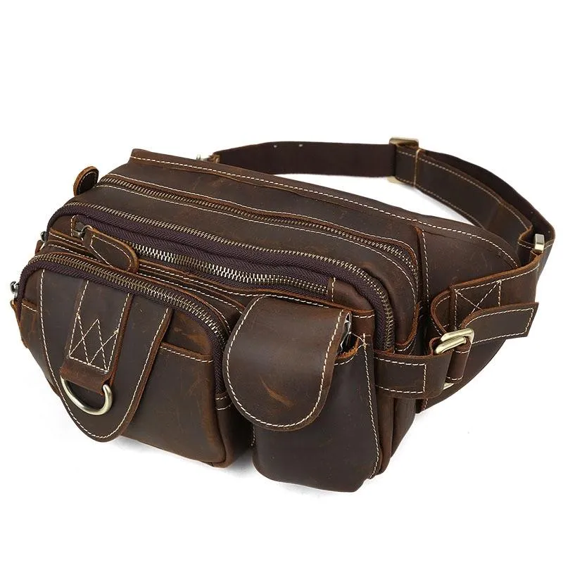 Vintage Large Brown Leather Men's Fanny Pack Brown Waist Bag Hip Pack For Men