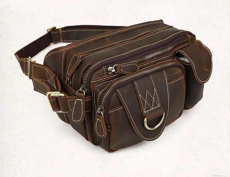 Vintage Large Brown Leather Men's Fanny Pack Brown Waist Bag Hip Pack For Men