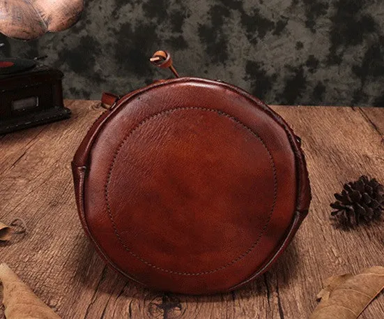 Vintage Leather Brown Bucket Handbag Shoulder Bag Purple Barrel Purse For Women