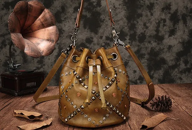 Vintage Leather Brown Bucket Handbag Shoulder Bag Purple Barrel Purse For Women