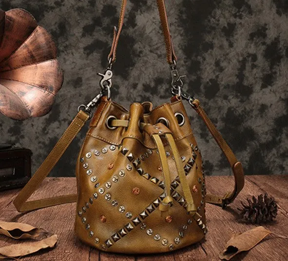 Vintage Leather Brown Bucket Handbag Shoulder Bag Purple Barrel Purse For Women