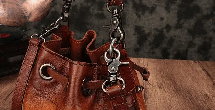 Vintage Leather Brown Bucket Handbag Shoulder Bag Purple Barrel Purse For Women