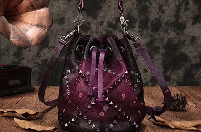 Vintage Leather Brown Bucket Handbag Shoulder Bag Purple Barrel Purse For Women