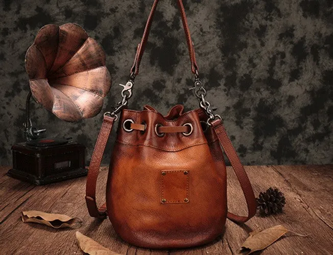 Vintage Leather Brown Bucket Handbag Shoulder Bag Purple Barrel Purse For Women