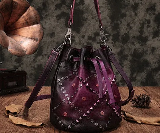 Vintage Leather Brown Bucket Handbag Shoulder Bag Purple Barrel Purse For Women