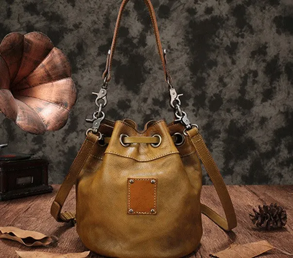 Vintage Leather Brown Bucket Handbag Shoulder Bag Purple Barrel Purse For Women