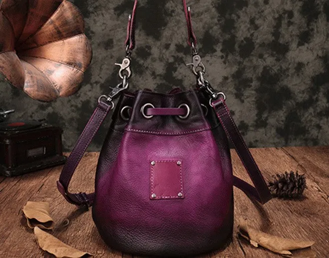 Vintage Leather Brown Bucket Handbag Shoulder Bag Purple Barrel Purse For Women