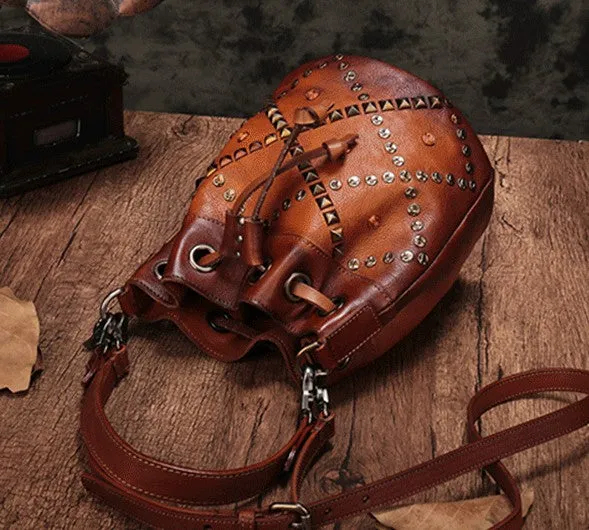 Vintage Leather Brown Bucket Handbag Shoulder Bag Purple Barrel Purse For Women