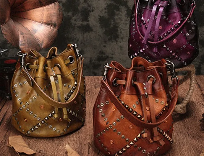 Vintage Leather Brown Bucket Handbag Shoulder Bag Purple Barrel Purse For Women