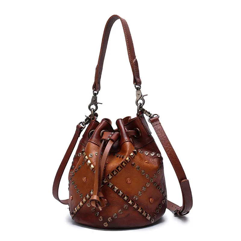Vintage Leather Brown Bucket Handbag Shoulder Bag Purple Barrel Purse For Women