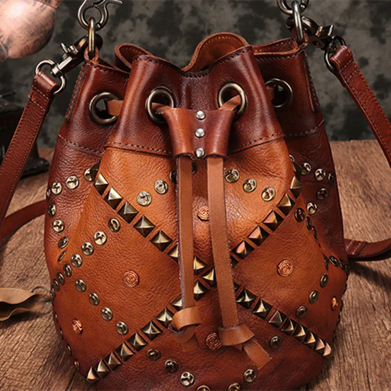 Vintage Leather Brown Bucket Handbag Shoulder Bag Purple Barrel Purse For Women