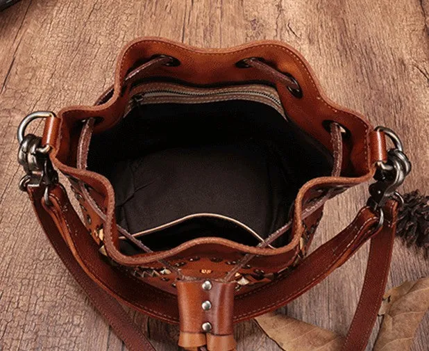 Vintage Leather Brown Bucket Handbag Shoulder Bag Purple Barrel Purse For Women