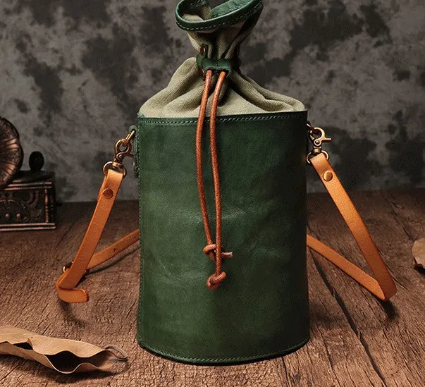 Vintage Leather Brown Bucket Shoulder Bag Barrel Crossbody Purse For Women