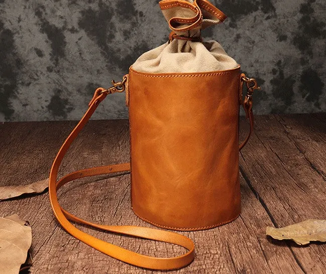 Vintage Leather Brown Bucket Shoulder Bag Barrel Crossbody Purse For Women