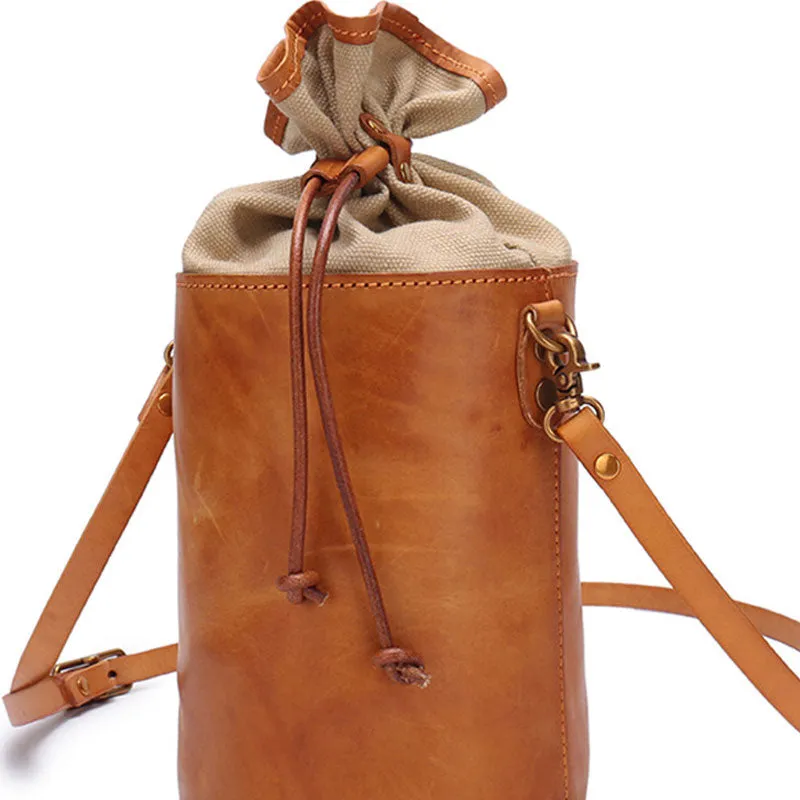 Vintage Leather Brown Bucket Shoulder Bag Barrel Crossbody Purse For Women