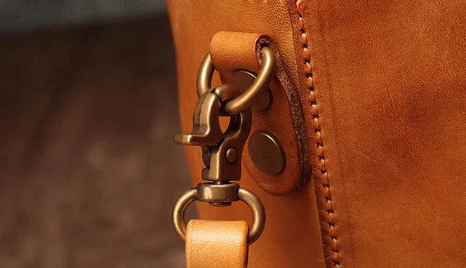 Vintage Leather Brown Bucket Shoulder Bag Barrel Crossbody Purse For Women