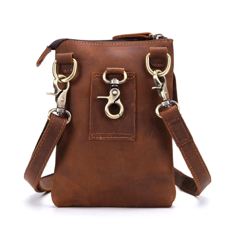Vintage Leather Men's Waist Belt Pouch Cell Phone Holster Brown Mini Side Bag For Men