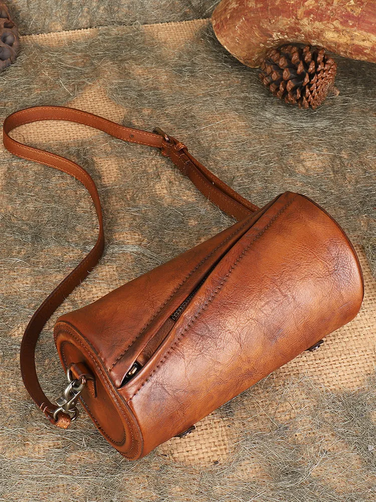 Vintage Leather Womens Barrel Shoulder Bags Bucket Crossbody Purse for Women