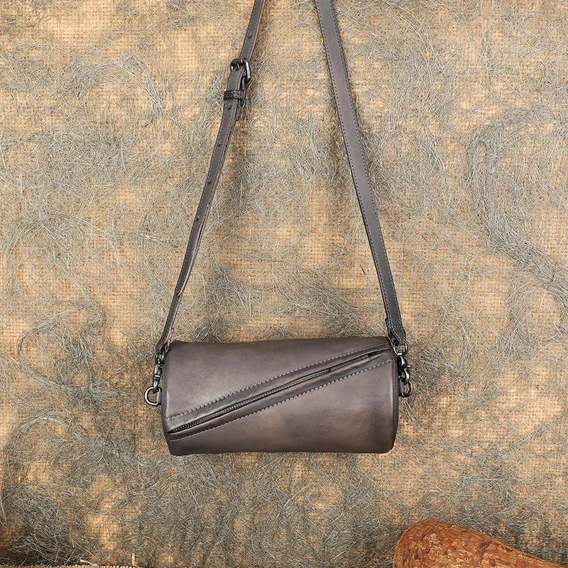 Vintage Leather Womens Barrel Shoulder Bags Bucket Crossbody Purse for Women
